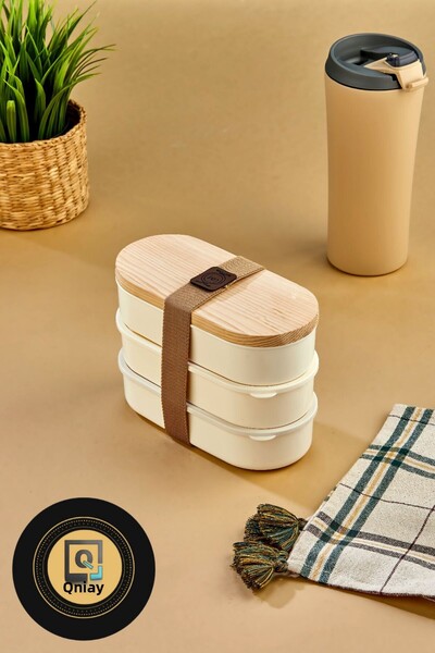 QNİAY 3 Pieces Wooden Lid 500ml Storage Paper 3-Piece Ecru Plastic