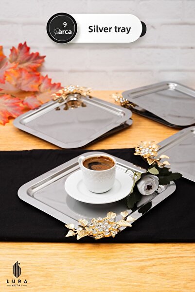 Skygo 6 Silver Presentation Trays - Gold Crown, Coffee and Tea Tray, 22.5 cm Elegant Design