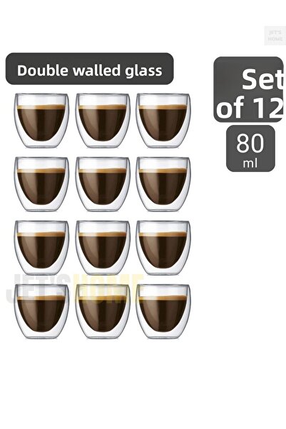 Jet's Home مجموعة من 12 كوب إسبرسو 80 مل كوب قهوة زجاج مزدوج الجدار زجاج ويسكي