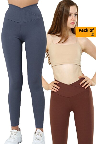 VOSSAX 2-Piece Leggings Ribbed High Waist Recovery Sports Leggings Cross Waist Detailed Indigo + Brown