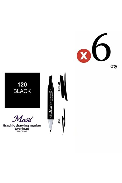 Masis Twin Dual Tip Marker Pen 120 Black 6 Pieces Set