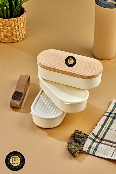 QNİAY 3 Pieces Wooden Lid 500ml Storage Paper 3-Piece Ecru Plastic