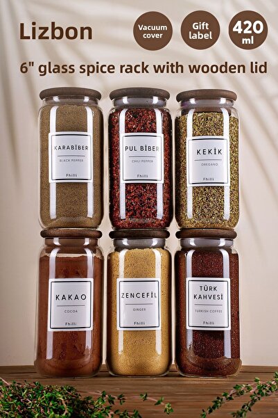 Fhilli لشبونة - وعاء تخزين زجاجي مفرغ من 6 قطع مع غطاء خشبي