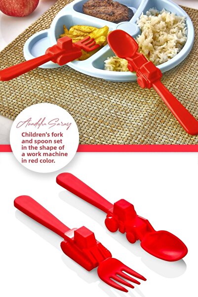 Anadolu Saray Çarşısı طقم أواني طعام للأطفال باللون الأحمر - آلة ملعقة شوكة مجسمة