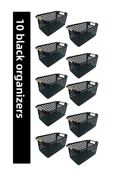 KRM HOME 10 سلة تنظيم متعددة الأغراض بمقابض بلاستيكية - سلة تنظيم داخل الخزانة والدرج - أسود