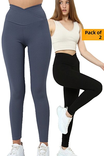 VOSSAX 2-Piece Leggings Ribbed High Waist Recovery Sports Leggings Cross Waist Detailed Indigo Black