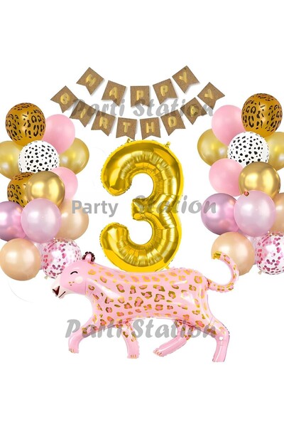 Parti Station Pink Leopard 3 Year Old Balloon Set Safari Leopard Birthday Par...