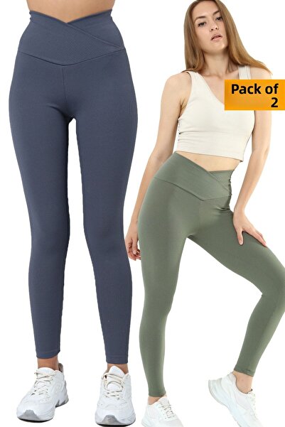 VOSSAX 2-Piece Leggings Ribbed High Waist Recovery Sports Leggings Cross Waist Detailed Indigo + Khaki