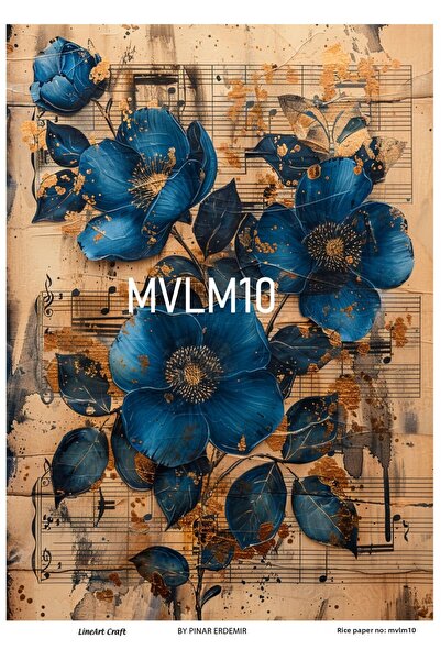 LİNEART Blue Flower Pattern - Brass Decopage Paper, 29X42Cm - Mvlm10