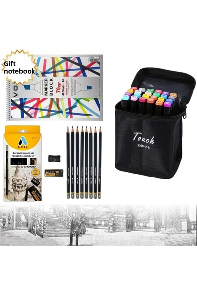 Art Tone Touch Marker Art Double-ended 24 Piece Pencil Set with Tote Bag + Pe...
