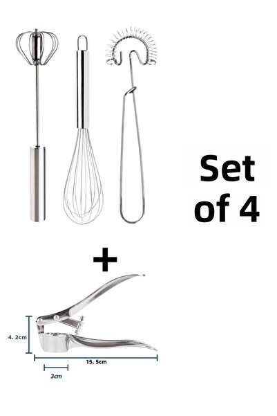 Hilamingo Home 4-Piece Kitchen Utensil Set; Whisk Set and Garlic Masher