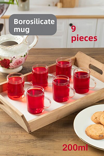 Porsima 6080 Set of 6 Tea and Coffee Glasses with Borosilicate Glass Handles - Heat and Fire Resistant 200ml