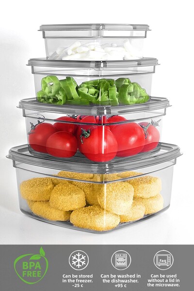 Meleni Home Set of 16 Anthracite Colored Square Storage Containers - Organizer Food Container 4X(275-500-850-1350)Ml