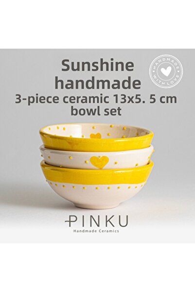 PINKU Ceramics Sunshine Handmade Ceramic Bowl Set of 3 - 13X5.5 cm (for Desse...