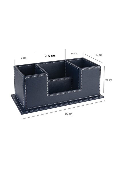 2K Desktop Leather Organizer Pen Holder 4 Compartments Desktop Organizer Rainbow Vegan 10X12X25 Cm. Navy Blue