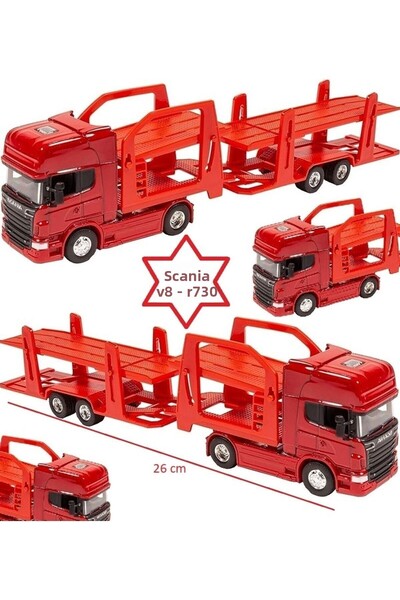 TOYSTURKA Welly Scania V8 r730 1:64 Ölçek Metal Kafalı İki Katlı Araç Taşıyıc...