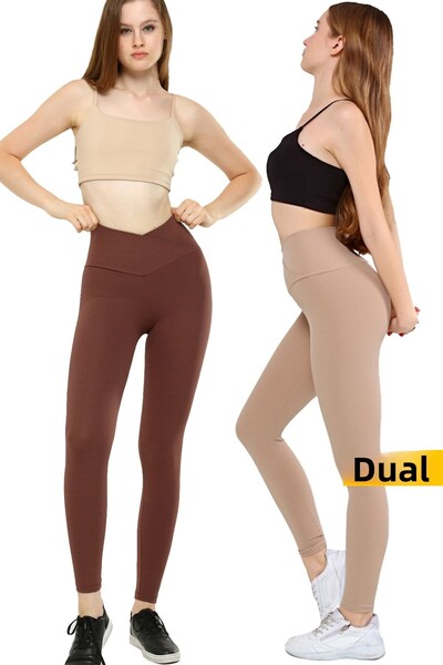 VOSSAX 2-Piece Leggings Ribbed High Waist Recovery Sports Leggings with Cross Waist Detail Beige+brown