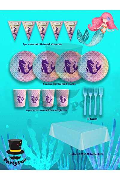 PartyPoo Mermaid Themed Birthday Eco Party Set for 8 People