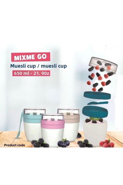 Hane216 650 ml Muesli Storage Container, Gasketed Lid Leak-Proof, Nutrition Container with Spoon, Diet Container