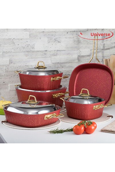 Evren 9 Piece Red Square Cookware Set (Steel Lid)