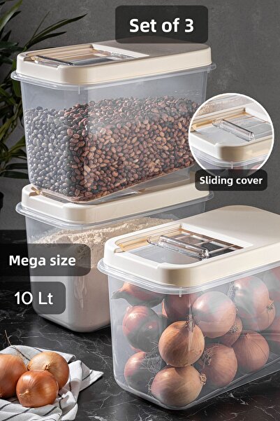 Meleni Home 3-Piece 10 Lt Mega Size Kitchen Organizer Food Supply Flour Storage Container - Storage Box with Sliding Lid Cream