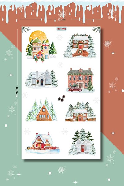Burak Baskı Tasarım Forest Snow Houses-2 New Year Themed Sticker Set Agenda-P...