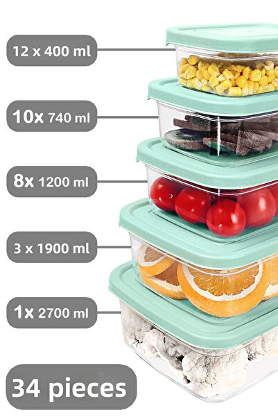Meleni Home Set of 34 Rectangular Green Microwave Suitable Organized Food Containers