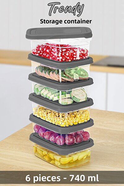 Meleni Home 6 Pieces Gray Rectangular Food Storage Container - 740ml Microwavable Organizer