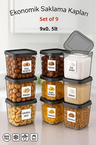Open Home Concept Set of 9 Storage Containers – Anthracite Colored, Practical and Stylish 550 ml with Label Gift