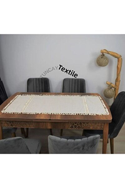 TUNCAY TEKSTİL Fringed Runner with Tassels and Pompoms - Ranir Cover Buldan Work Linen Monika Table Top Cover 50x150