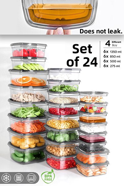 Meleni Home Set of 24 Square Leakproof Storage Containers - Organizer Food Container 6X(275-500-850-1350)Ml Anthracite