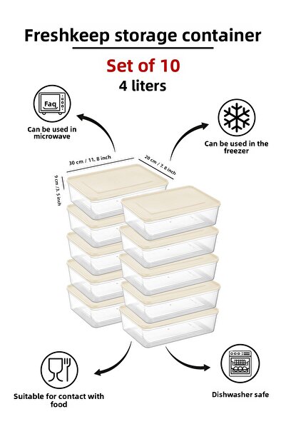 bizimevde 10-Piece Storage Container 4 Liter Deep Freezer Microwave Compatible