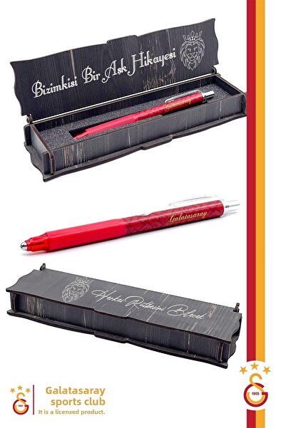 Galatasaray قلم متعدد الاستخدامات مرخص بنسبة 0.7 - صندوق خشبي هدية
