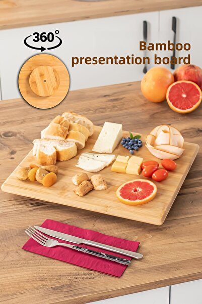 Porsima 360 Degree Rotating Bamboo Cheese Pizza Board - Round Luxury Serving 35 X 30 X 1.5 cm