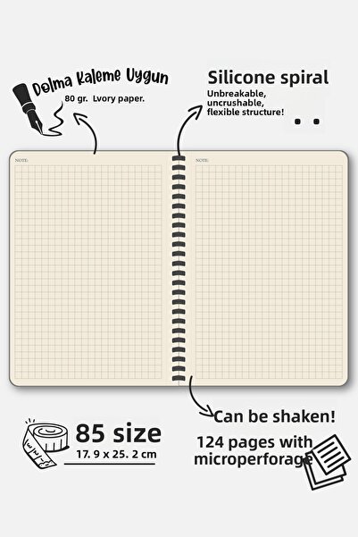 Victoria's Journals Silicone Spiral Notebook 80 Gr. Ivory 18X25Cm Checkered