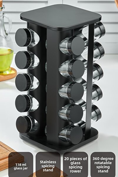 vipgross 360 ROTATING COUNTER TOP GLASS SPICE SET WITH STAINLESS STAND - 20 PACKS - 20 PACKS BLACK SQUARE