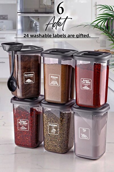 NESS HOME Комплект от 6 лазурни етикетирани буркана за подправки с лъжици 400 мл - Комплект буркани за подправки