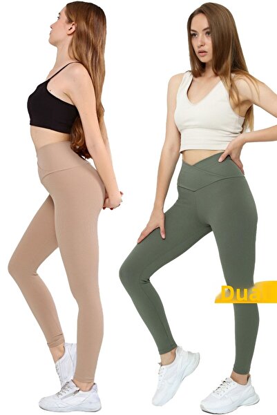 VOSSAX Double Leggings Ribbed High Waist Recovery Sports Leggings with Cross Waist Detail Beige+khaki