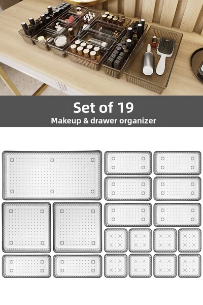 Meleni Home 19-piece Anthracite Colored Drawer Organizer - Cosmetic and Makeup Jewelry In-cabinet Organizer