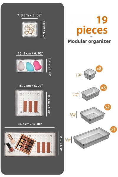 Meleni Home 19-piece Anthracite Colored Drawer Organizer - Cosmetic and Makeup Jewelry In-cabinet Organizer