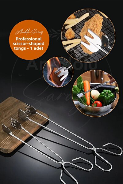 Anadolu Saray Practical Steel Type Scissors - Salad, Barbecue, Barbecue and Serving Tongs - 1 Pc