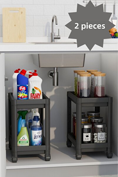 Heredot 2 قطعة رف مطبخ أسود بعجلات ذو طبقتين للحمام تحت الطاولة Mit1122