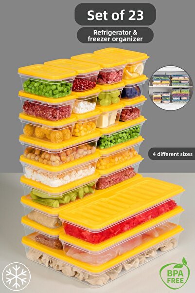 Meleni Home Organizator compatibil cu microunde 23 bucăți - 1x2400ml 4x1170ml 6x600ml 12x240ml Recipient galben de depozitare