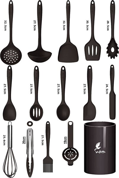 valletta طقم ملاعق سيليكون مقاومة للحرارة مكون من 15 قطعة من Trigona - أسود