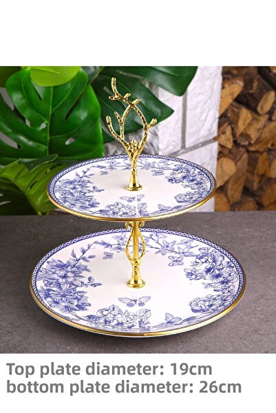 Pinkev Blue Floral Ceramic Double Layer Kura Piped K Cake Presentation Plate Stand