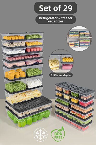 Meleni Home Set de 29 organizatoare de frigider de culoare antracit - Recipient pentru congelator pentru cuptor cu microunde adânc și superficial
