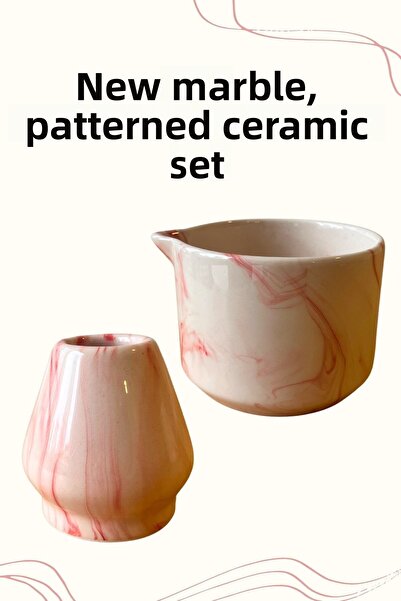 Mim and More Pink Marble Patterned Ceramic Matcha Set