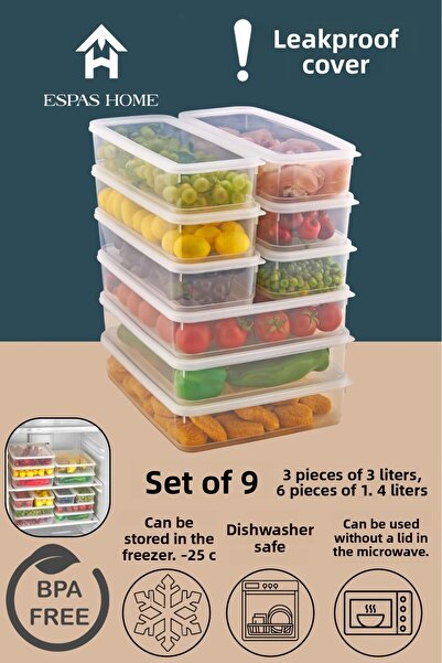 Espas Home 9-Piece Leakproof Freshbox Storage Container – Microwave and Refrigerator Compatible / 3X3000 ml - 6X1400 ml