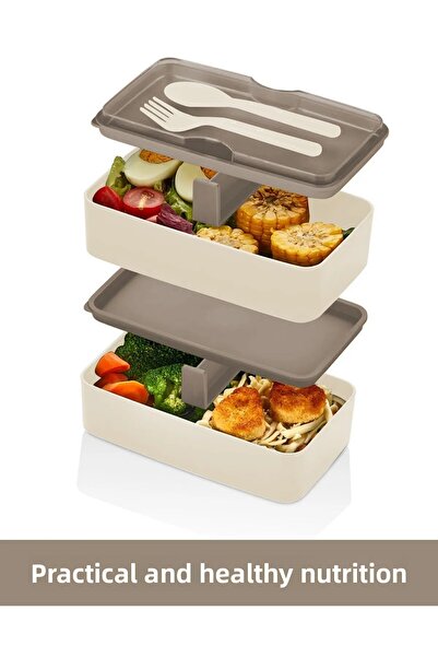 Cosiness صندوق غداء جامبو مستطيل باللون الرمادي مكون من طبقتين - صندوق تخزين الغداء