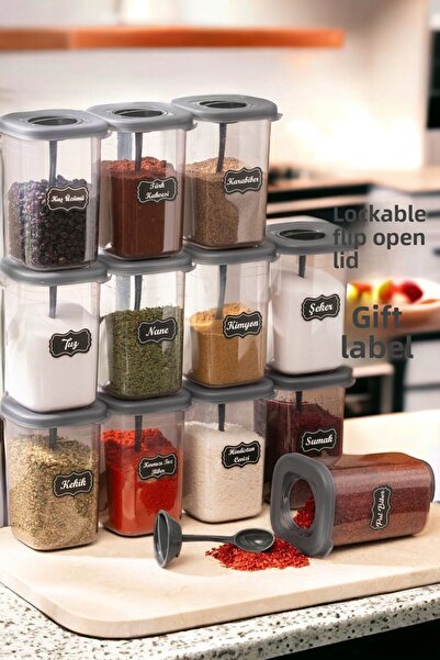 MECA HOME COLLECTION Set of 12 Labeled and Lockable Lids with Spoons - Lockable Spice Jars